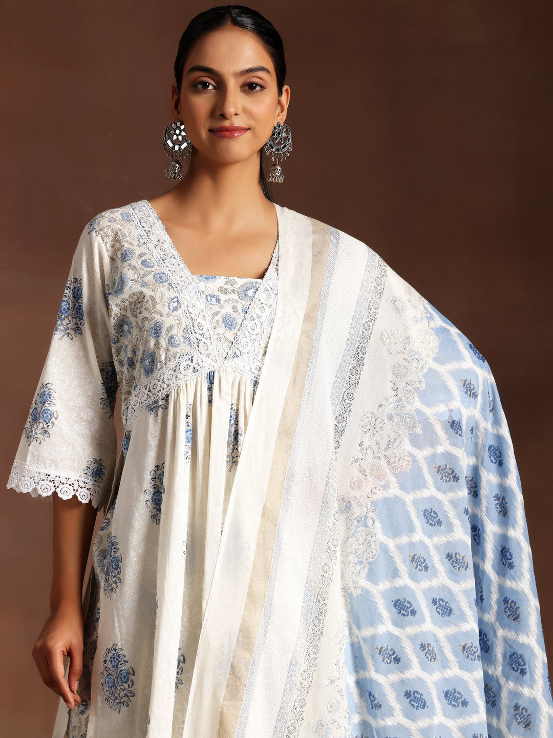 Falak White Printed Cotton A-Line Kurta With Salwar & Dupatta