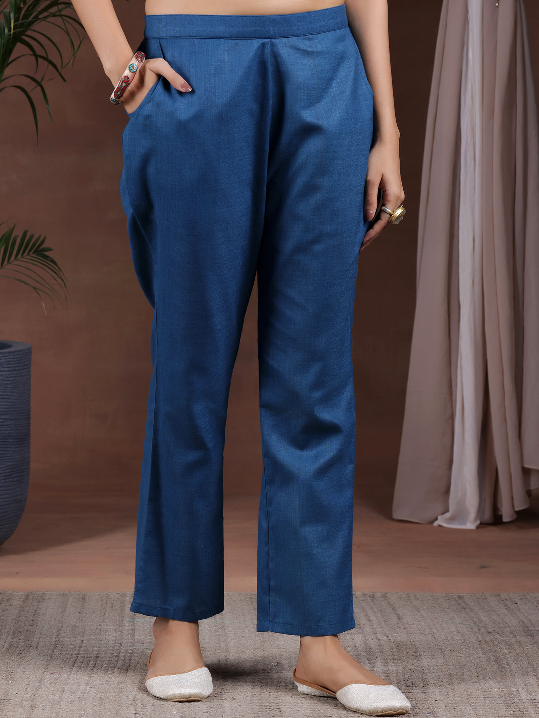 Navy Blue Solid Cotton Blend Straight Suit With Dupatta