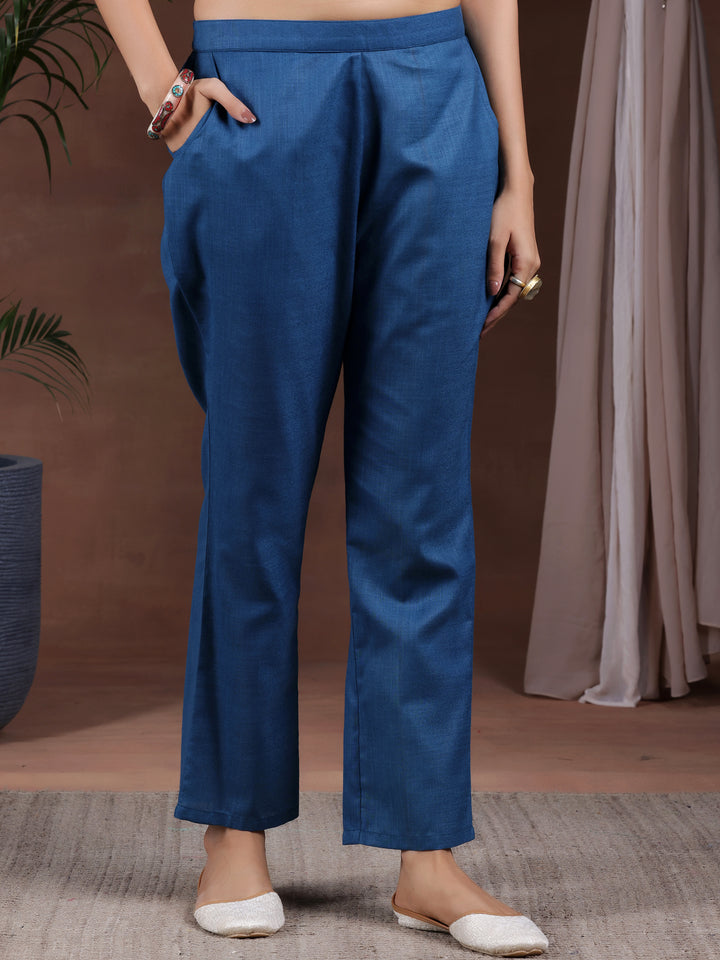 Navy Blue Solid Cotton Blend Straight Suit With Dupatta