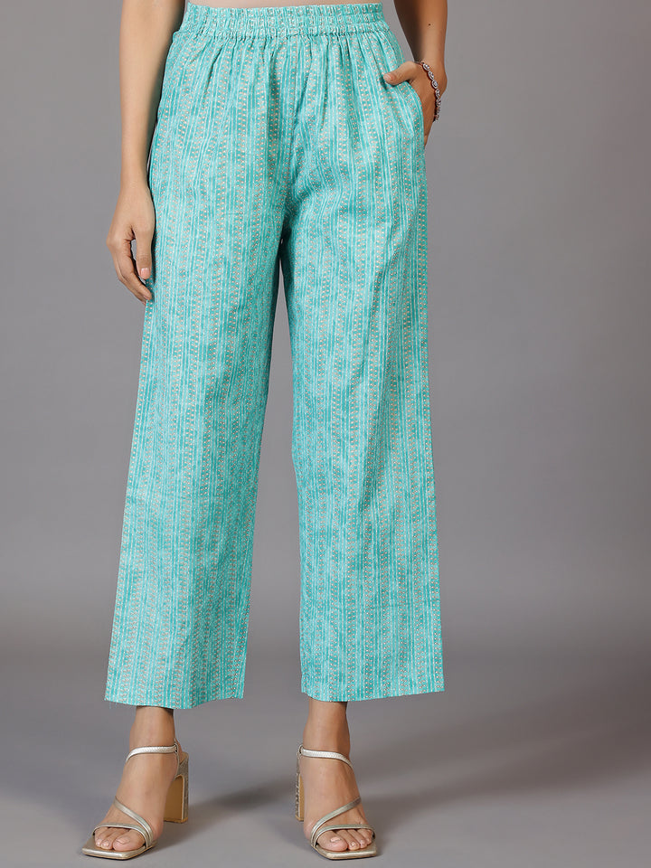 Turquoise Printed Cotton Straight Suit With Dupatta