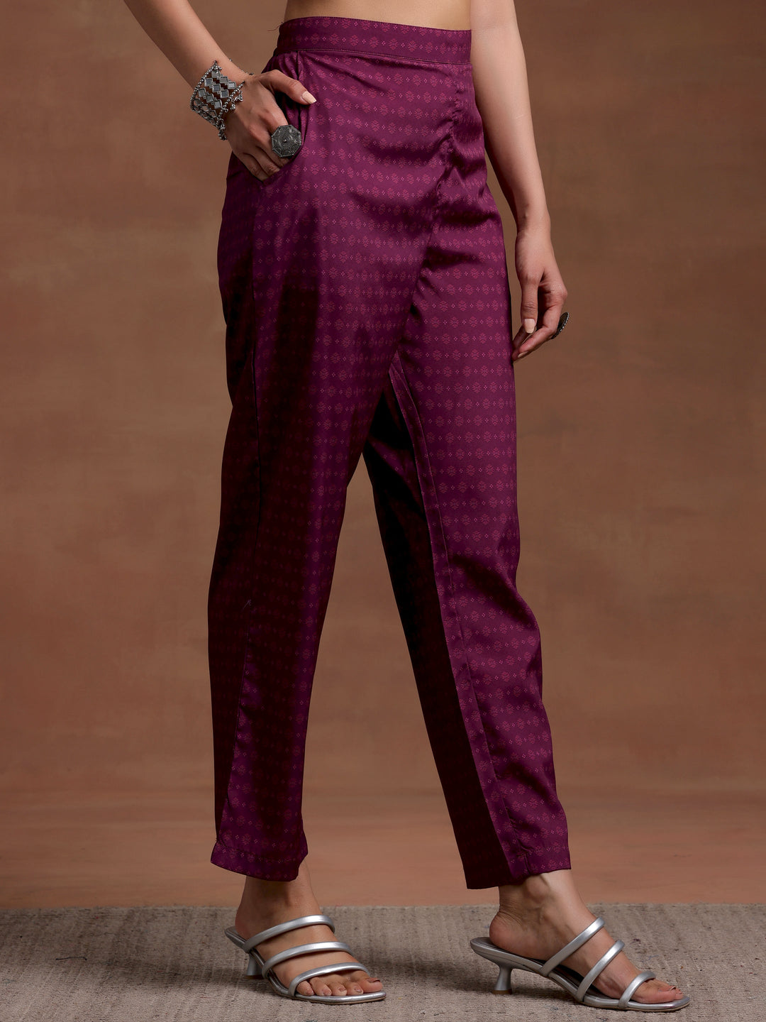 Wine Printed Poly Crepe Straight Kurta Set