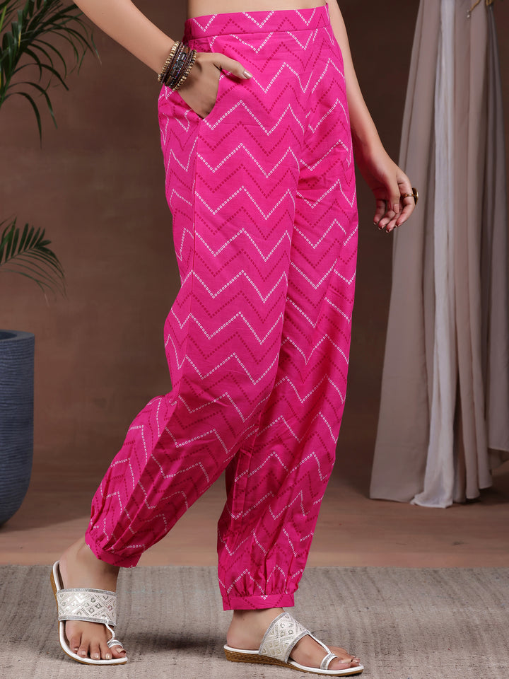 Pink Printed Cotton A-Line Kurta With Salwar & Dupatta