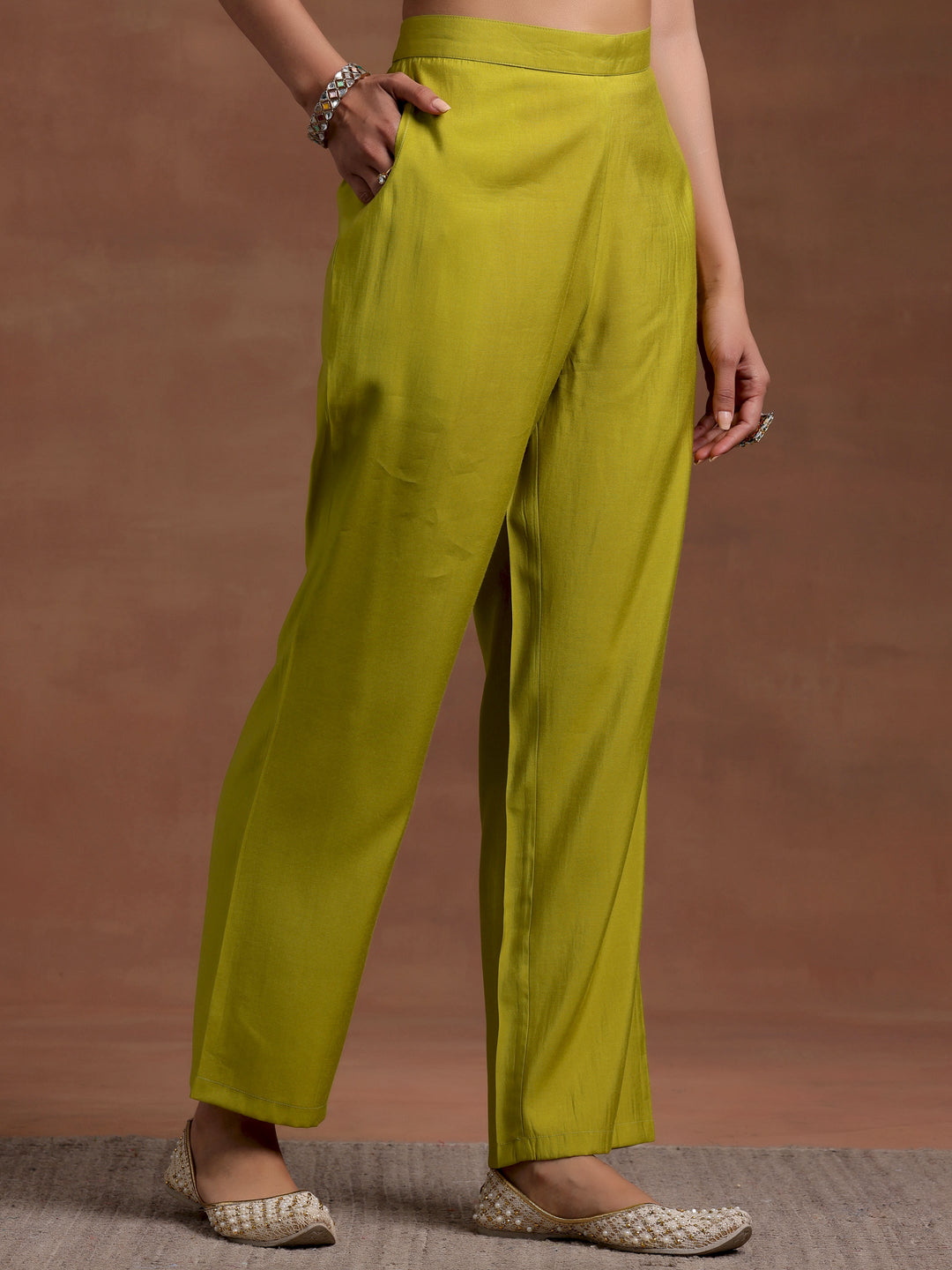 Olive Solid Silk Blend A-Line Kurta With Trousers & Dupatta