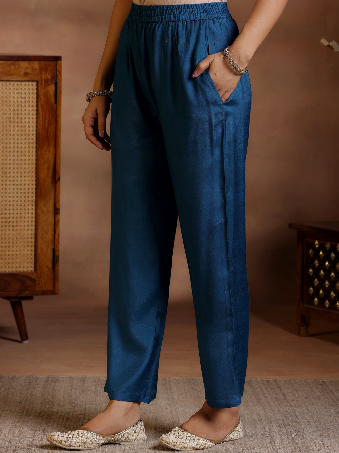 Navy Blue Woven Design Silk Blend Straight Suit With Dupatta