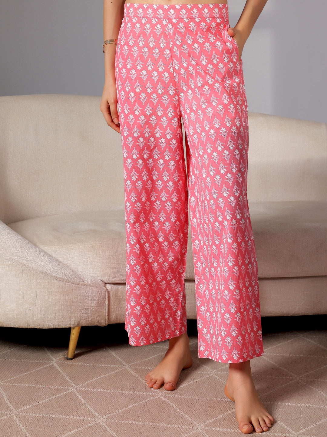 Peach Printed Cotton Night Suits