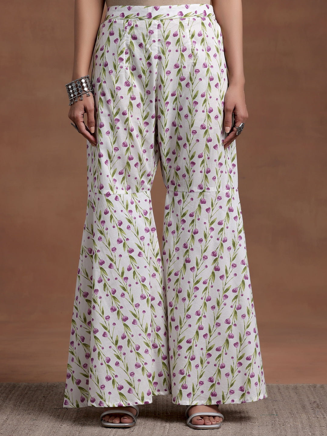 Off White Printed Cotton A-Line Kurta With Sharara & Dupatta