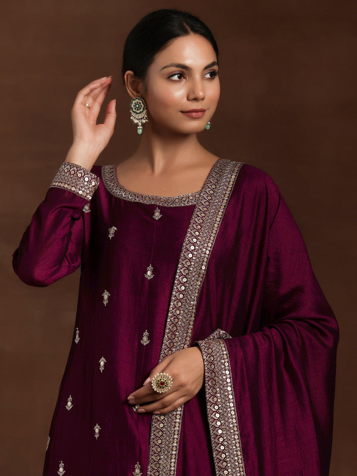 Maroon Embroidered Silk Blend Straight Suit With Dupatta