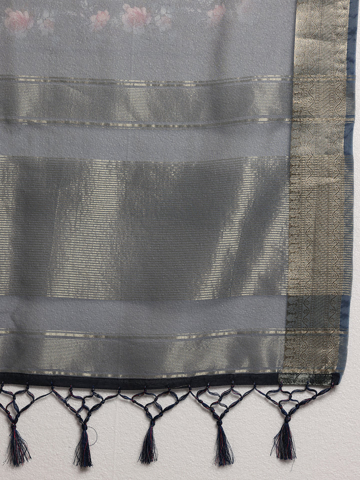 Blue Printed Organza Saree With Unstitched Blouse Piece