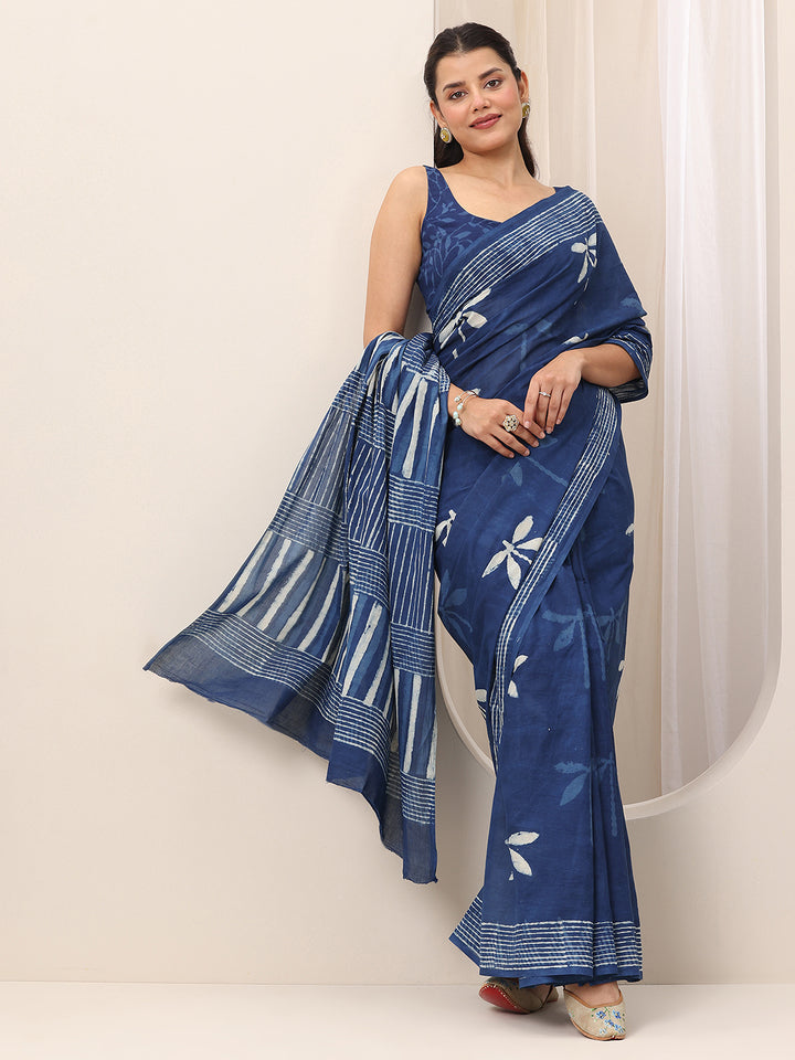 Indigo Printed Cotton Saree With Unstitched Blouse Piece