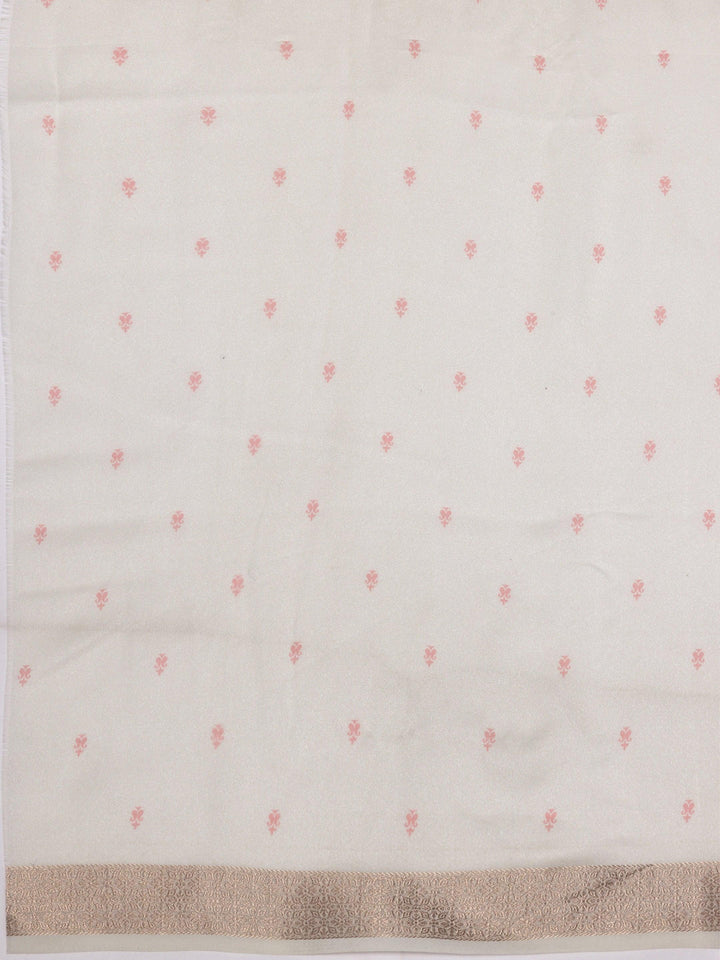 Off White Printed Silk Blend Saree With Unstitched Blouse Piece