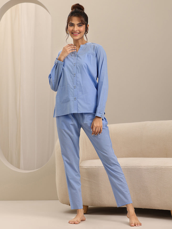 Blue Solid Cotton Night Suits