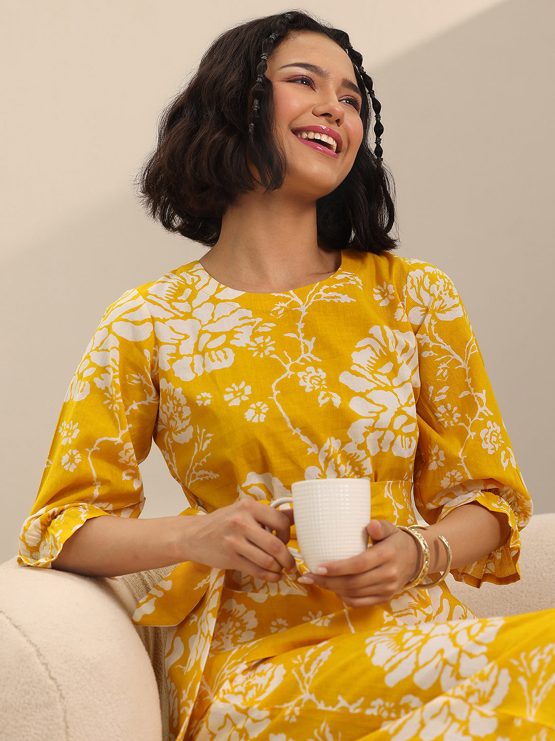 Yellow Printed Cotton Night Suits