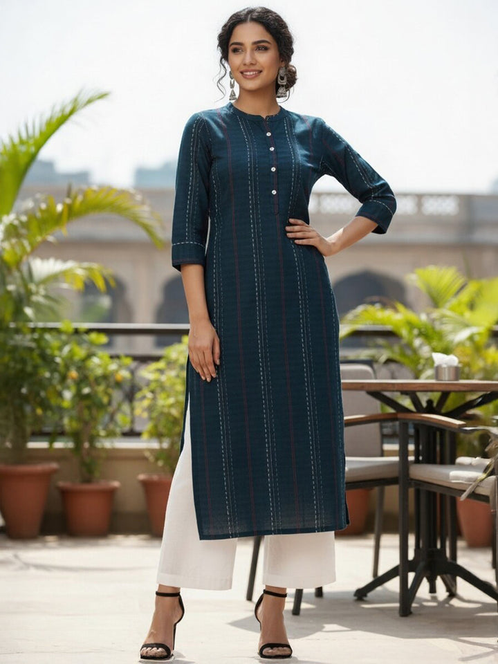 Navy Blue Striped Cotton Kurta