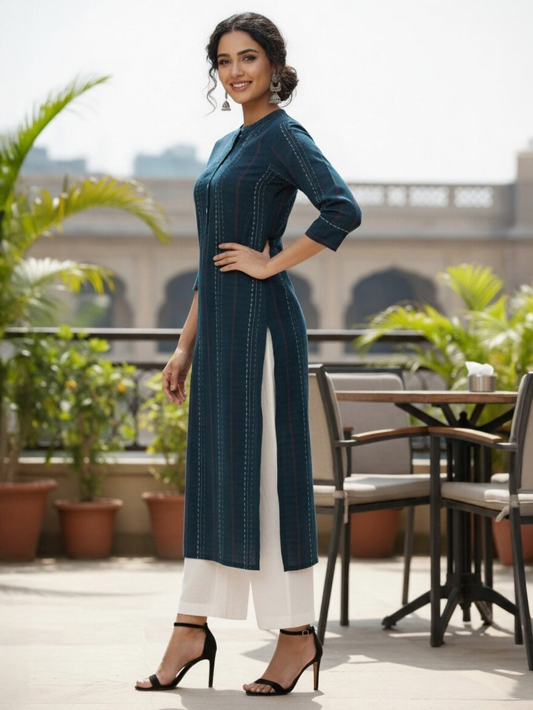 Navy Blue Striped Cotton Kurta