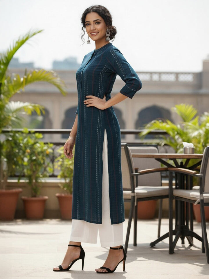 Navy Blue Striped Cotton Kurta