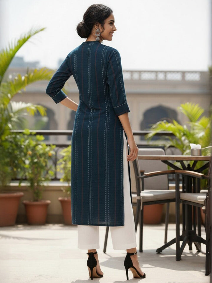 Navy Blue Striped Cotton Kurta