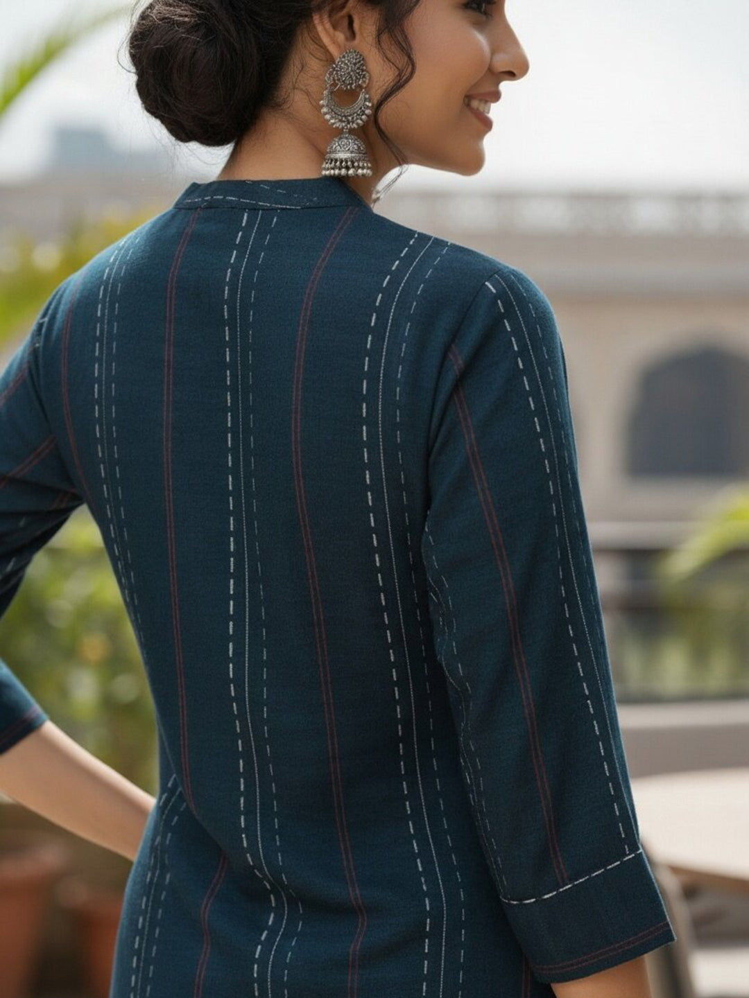 Navy Blue Striped Cotton Kurta