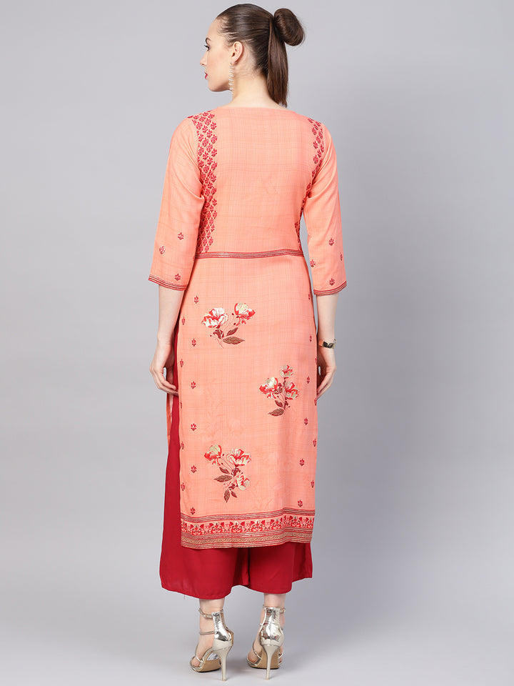 Peach Printed Rayon Kurta
