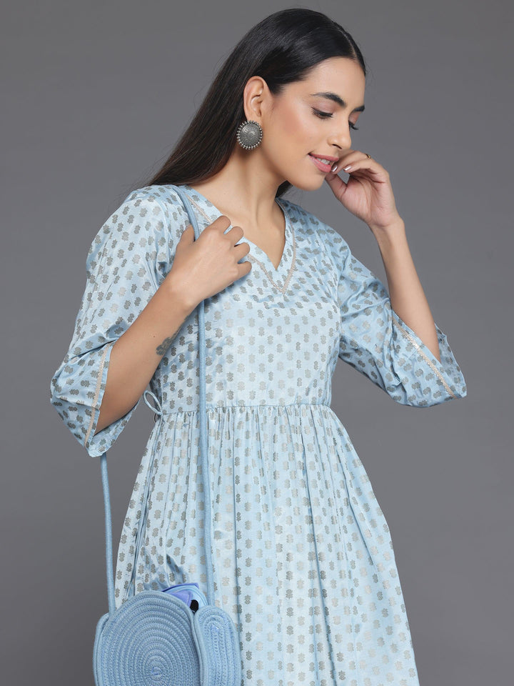 Blue Printed Silk Blend A-Line Kurta With Trousers