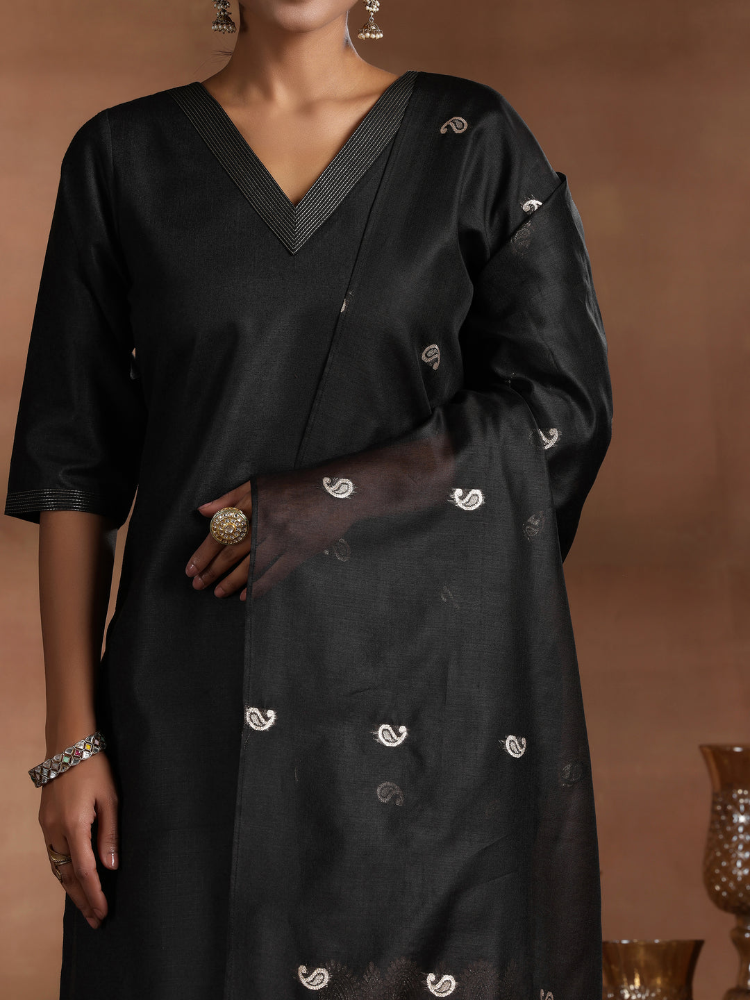 Black Solid Cotton Blend Straight Suit With Dupatta