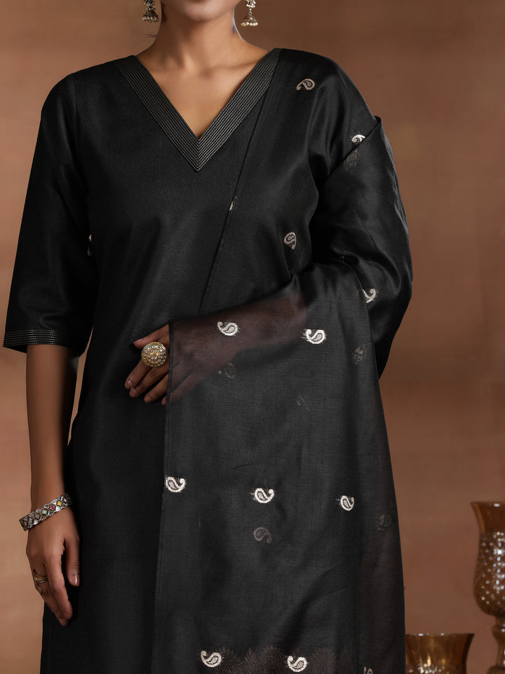 Black Solid Cotton Blend Straight Suit With Dupatta