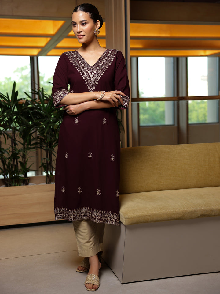 Wine Embroidered Rayon Straight Kurta