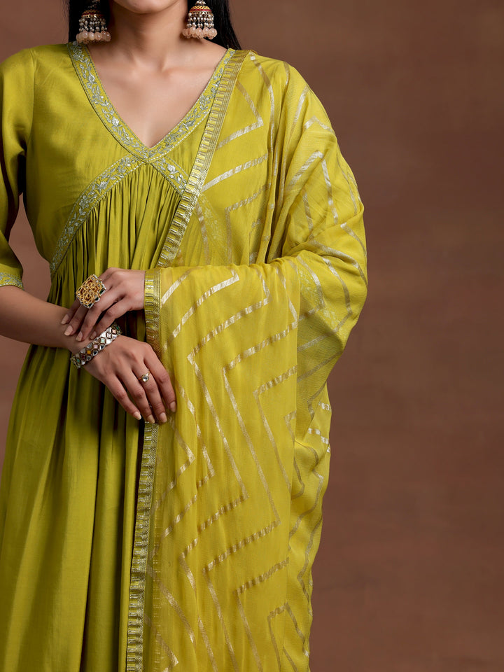 Olive Solid Silk Blend A-Line Kurta With Trousers & Dupatta