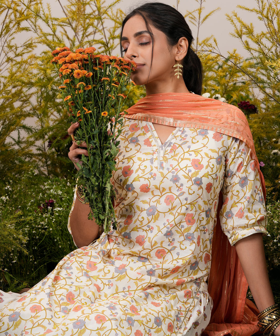 Off White Printed Cotton Straight Kurta With Salwar & Dupatta - ShopLibas