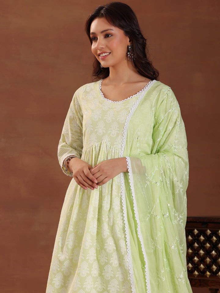 Green Embroidered Pure Cotton A-Line Kurta With Salwar & Dupatta