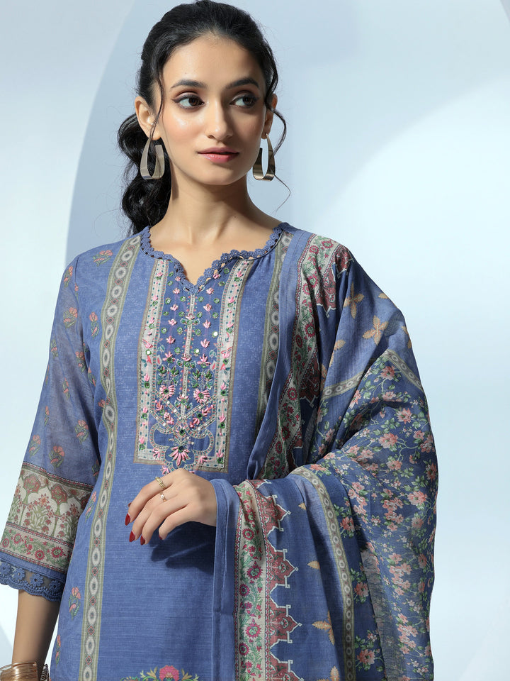 Blue Printed Cotton Blend Straight Suit With Dupatta