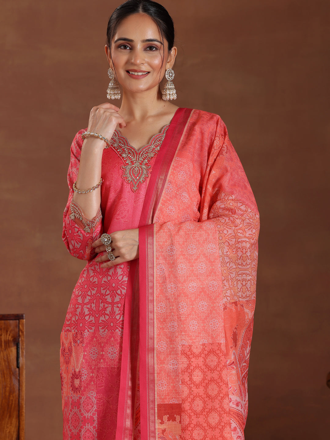 Pink Printed Cotton Blend Straight Suit With Dupatta