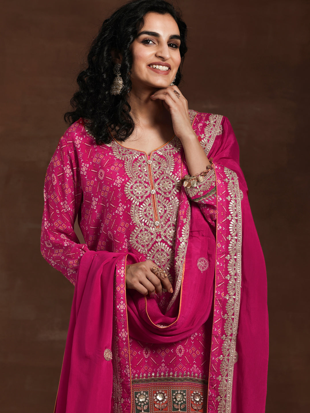 Libas Art Pink Printed Silk Blend Straight Suit With Dupatta
