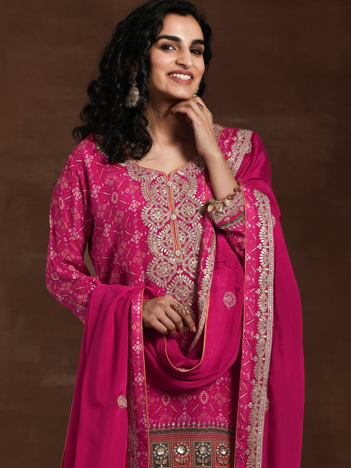 Libas Art Pink Printed Silk Blend Straight Suit With Dupatta