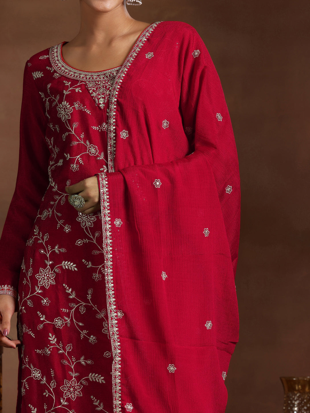 Red Embroidered Silk Blend Straight Suit With Dupatta