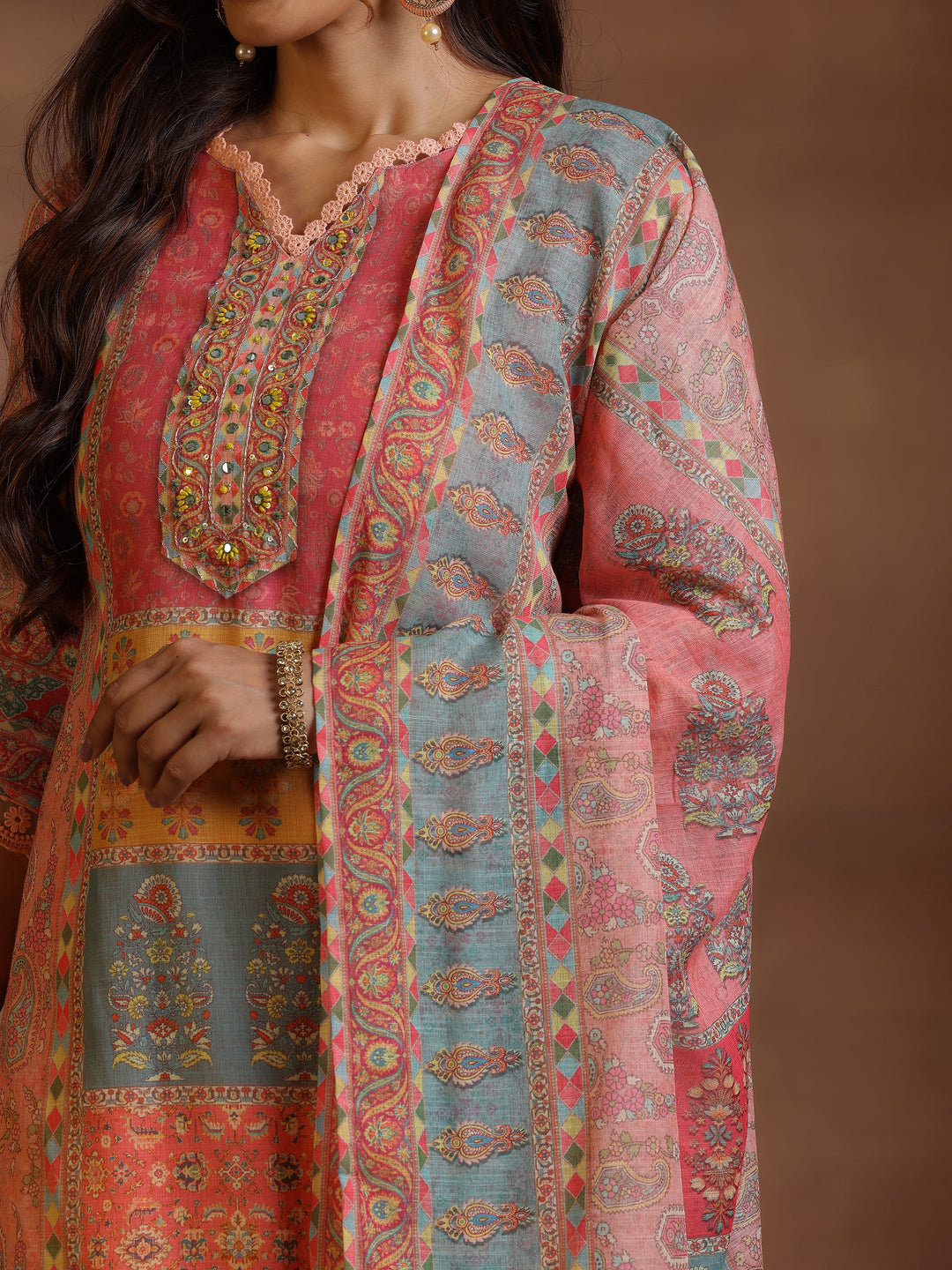 Peach Printed Cotton Blend Straight Suit With Dupatta