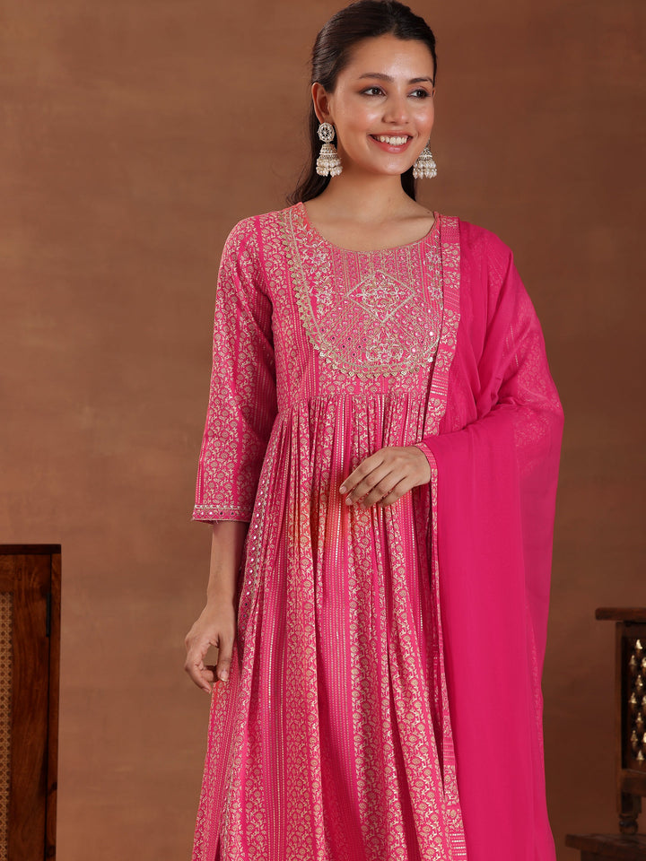 Coral Printed Rayon A-Line Kurta With Sharara & Dupatta