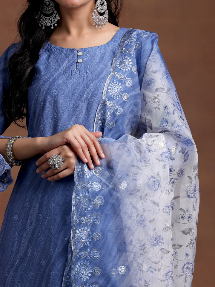 Blue Embroidered Silk Blend Straight Suit With Dupatta
