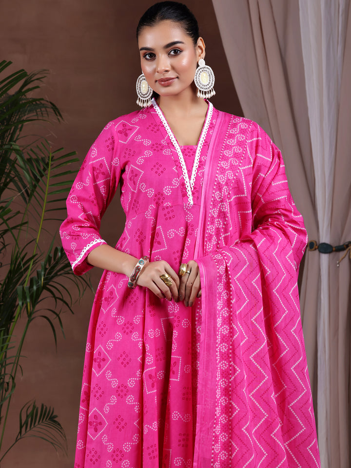 Pink Printed Cotton Anarkali Suit With Dupatta