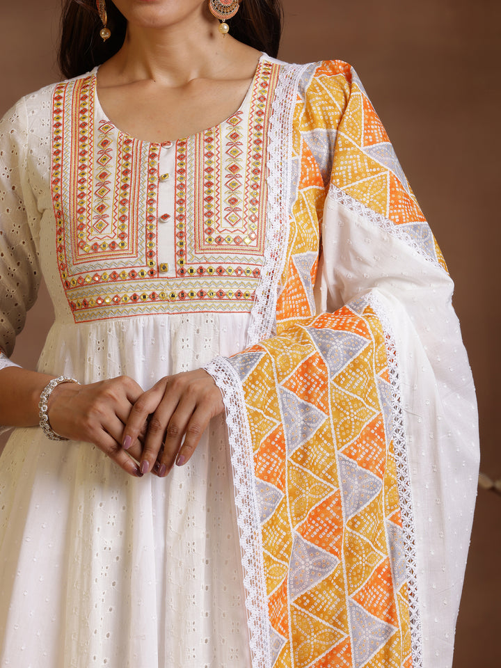 White Self Design Cotton Anarkali Suit With Dupatta