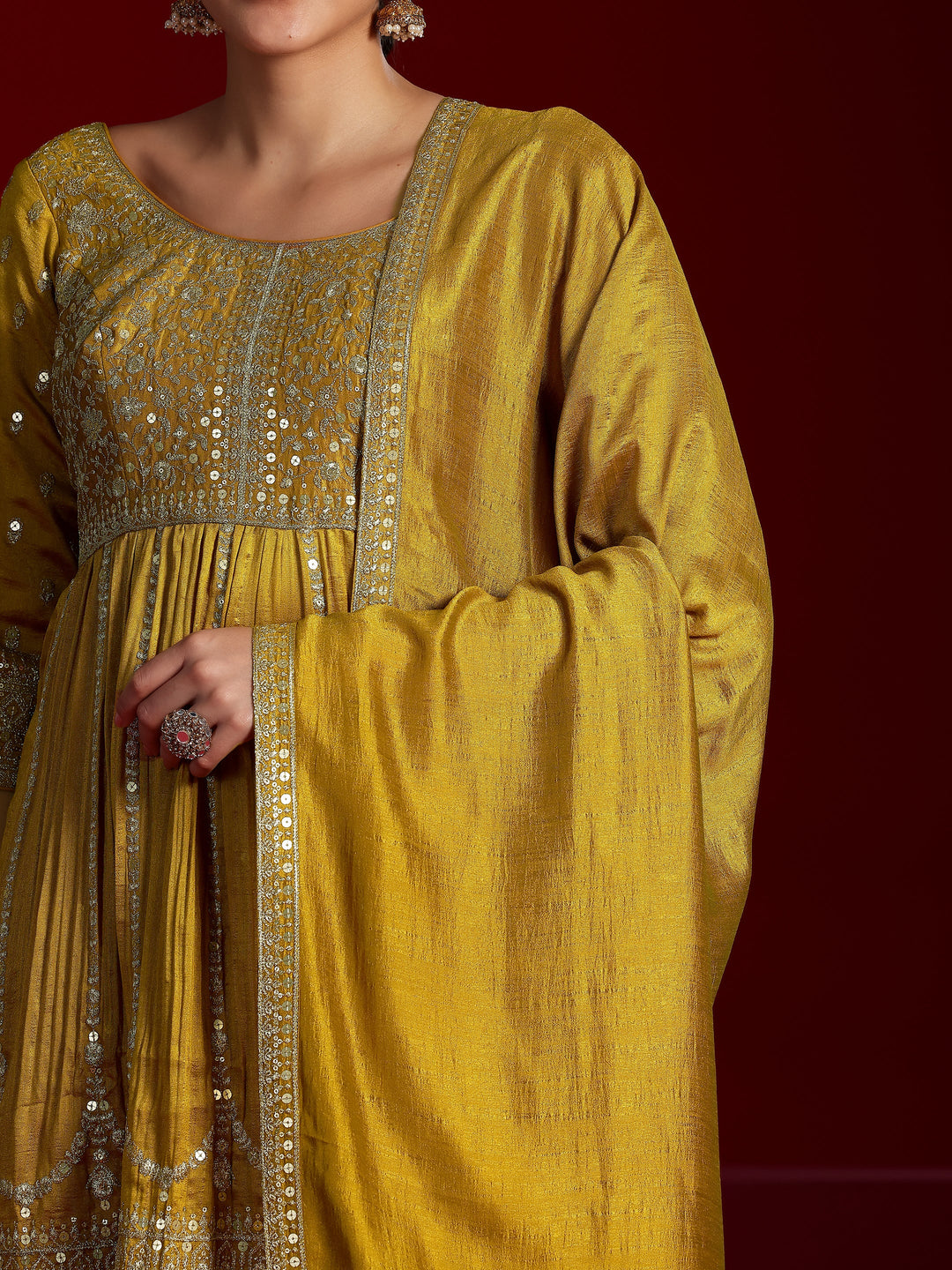 Libas Art Mustard Embroidered Silk Blend Straight Suit With Dupatta