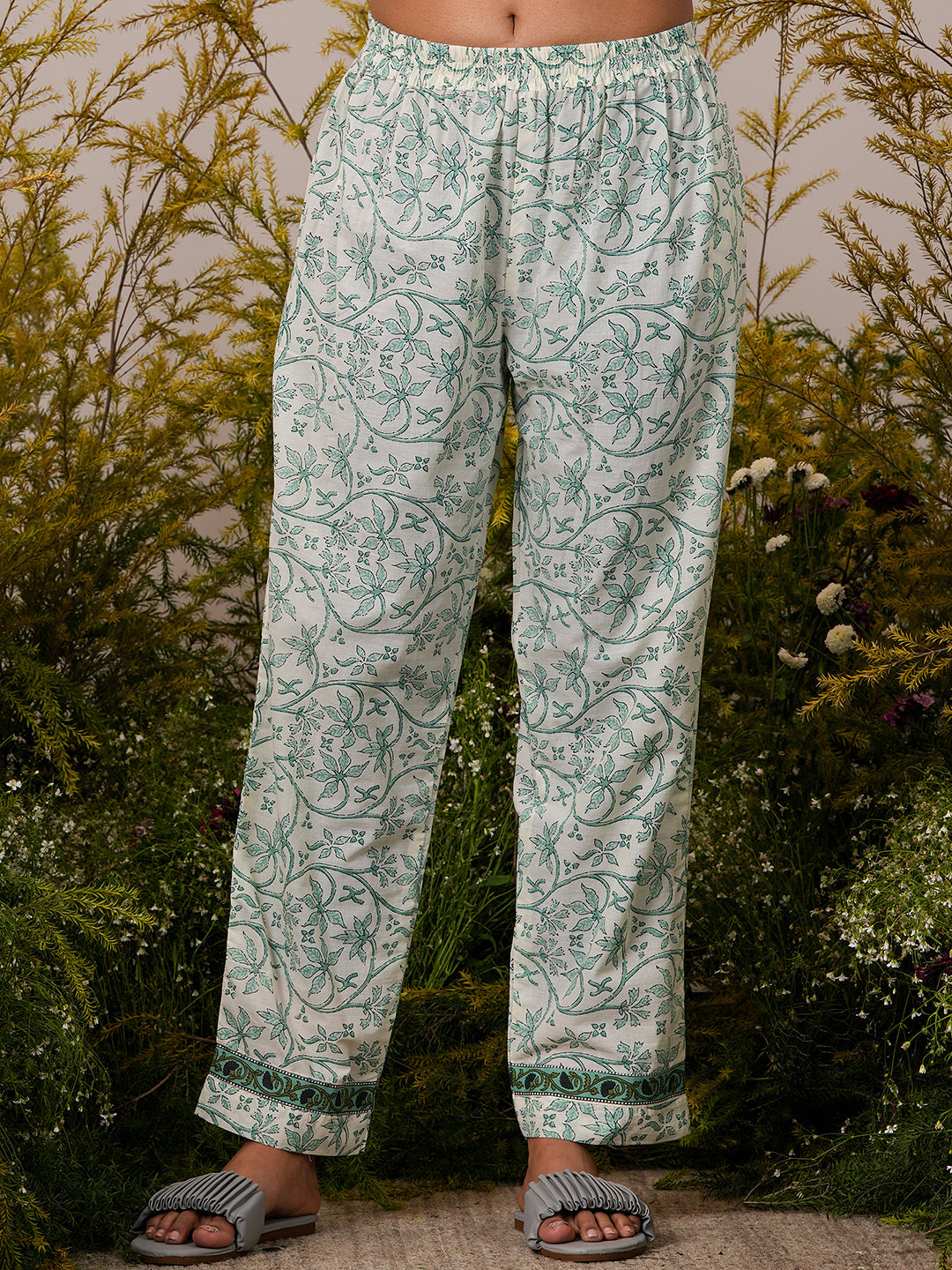 Off White Printed Cotton Straight Suit With Dupatta