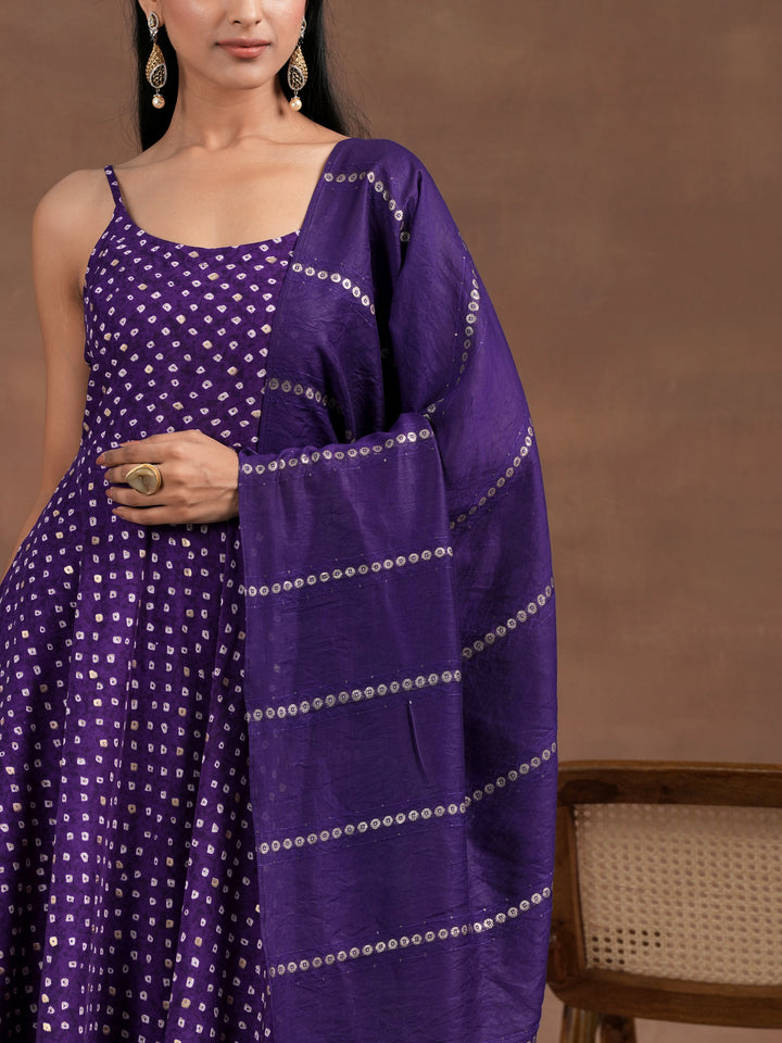 Purple Printed Rayon Anarkali Suit With Dupatta