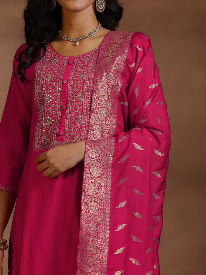 Pink Yoke Design Silk Blend Straight Suits With Dupatta
