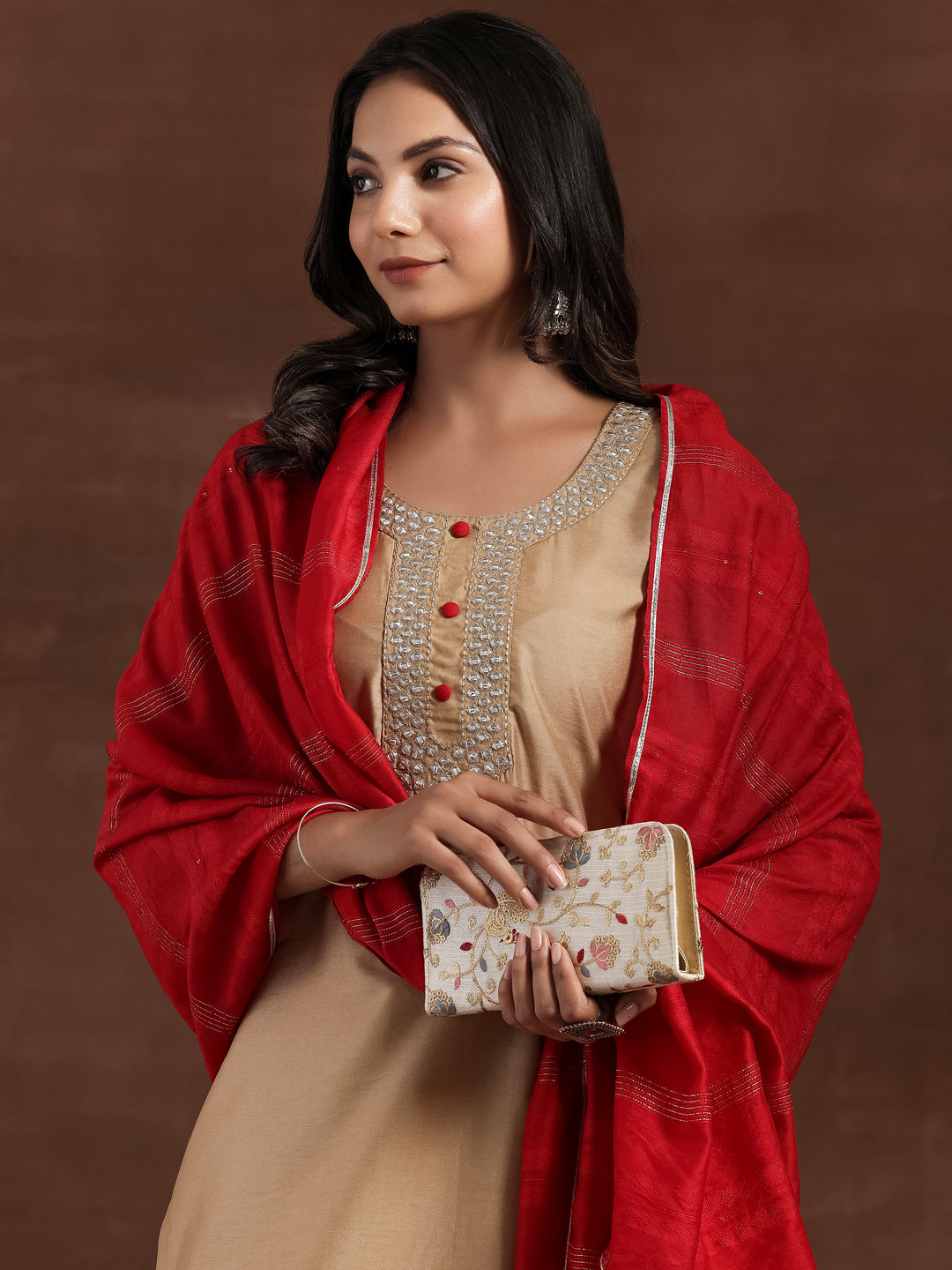 Beige Yoke Design Silk Blend Straight Kurta With Trousers & Dupatta