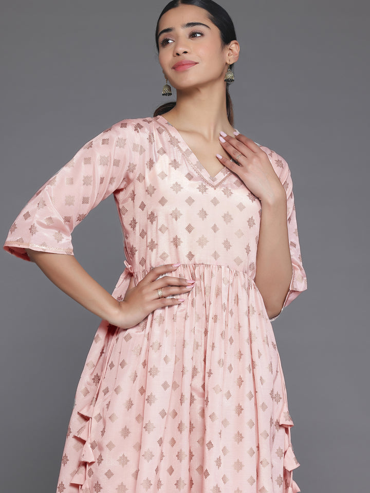 Peach Printed Silk Blend A-Line Kurta With Trousers