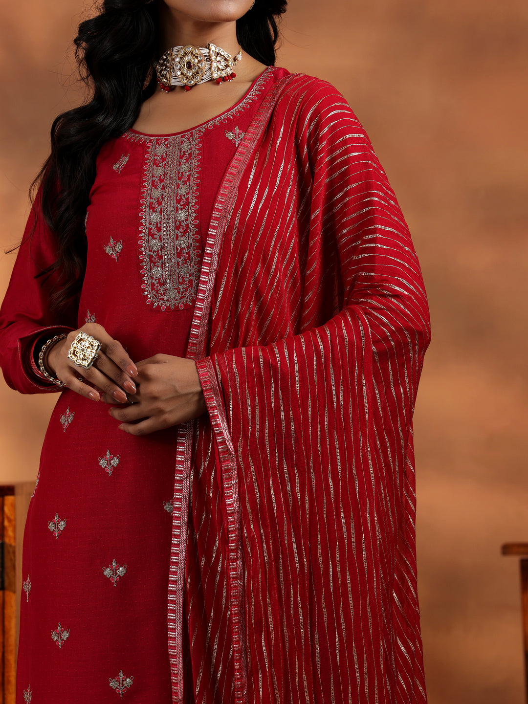 Red Embroidered Silk Blend Straight Suit With Dupatta