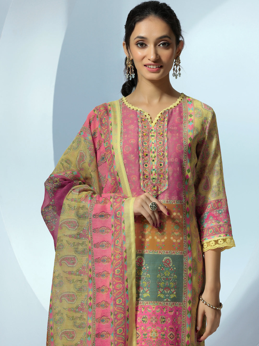 Yellow Printed Cotton Blend Straight Suit With Dupatta