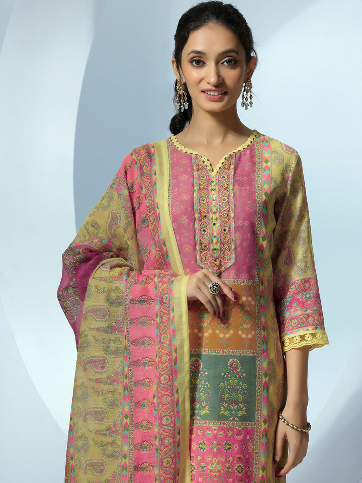 Yellow Printed Cotton Blend Straight Suit With Dupatta