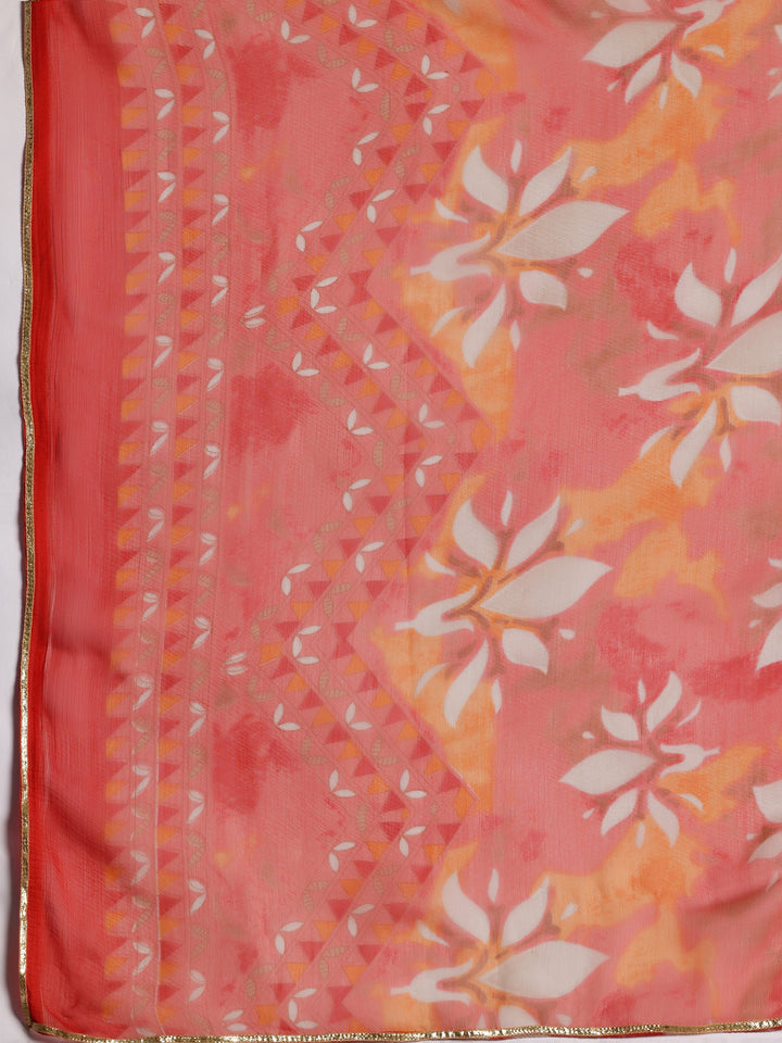 Saanjh Orange Printed Silk Blend A-Line Kurta With Palazzos & Dupatta