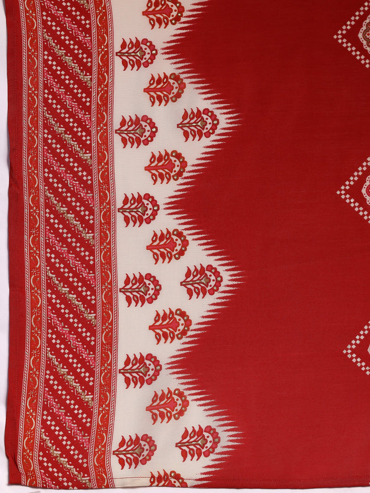 Beige Printed Silk Blend Straight Suit With Dupatta